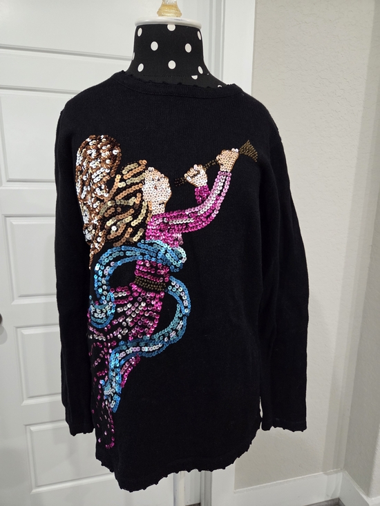 Quacker Factory Sweaters - Quacker Factory Black Sequin Angel Sweater with Pink, Blue & Gold Accents Size M